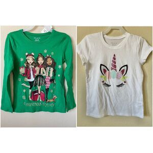 Lot of 2 Glitter Snowflake Christmas Squad Dachshund Unicorn Top Size M 7/8